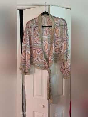 Anthropologie Women's Tie-Front Kimono Style Top - Pink & Gold OS